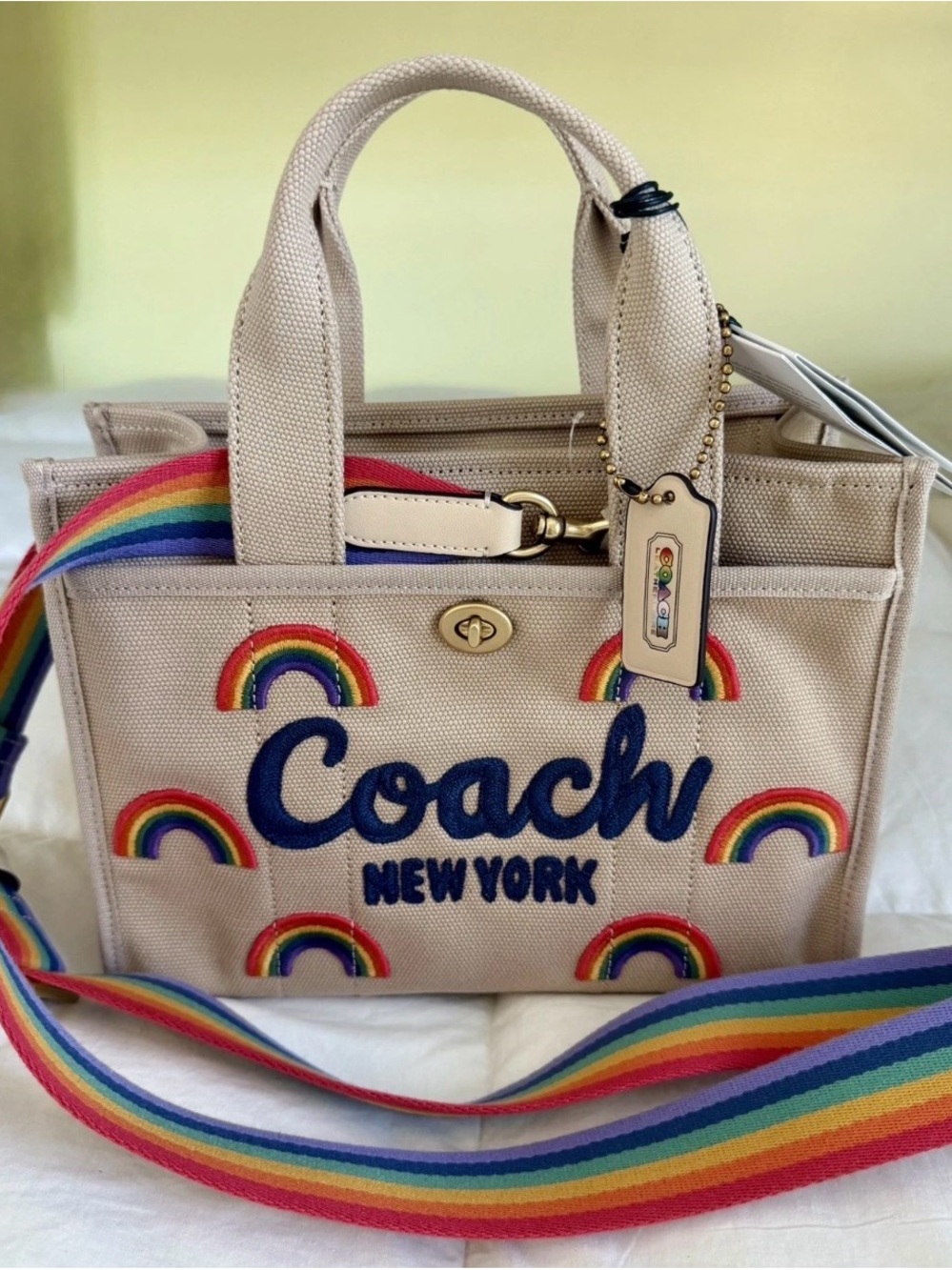 Coach Canvas Rainbow-Embroidered Cargo Tote in Beige with Rainbow Strap🌈